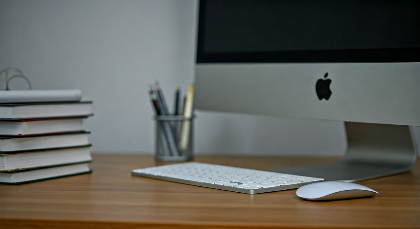 Small modern office workspace in Singapore with a desktop monitor, trading book stack, and clear desk organization for focused educational content creation