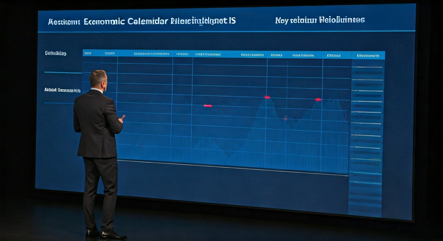 Professional briefing slide with economic calendar highlights, key market events, and a clean summary layout displayed on a large screen