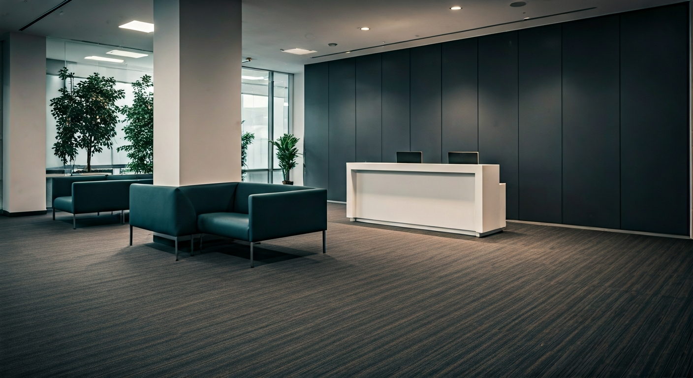 Quiet reception area in a Singapore office with clean seating, neutral lighting, and information desk showcasing a professional learning environment
